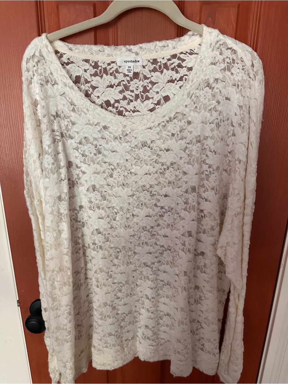 Eyeshadow Cream Lace Long Sleeve Scoop Neck Top
